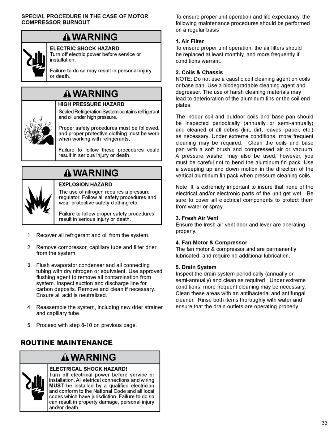 Friedrich R410A manual Routine Maintenance, Electrical Shock Hazard 