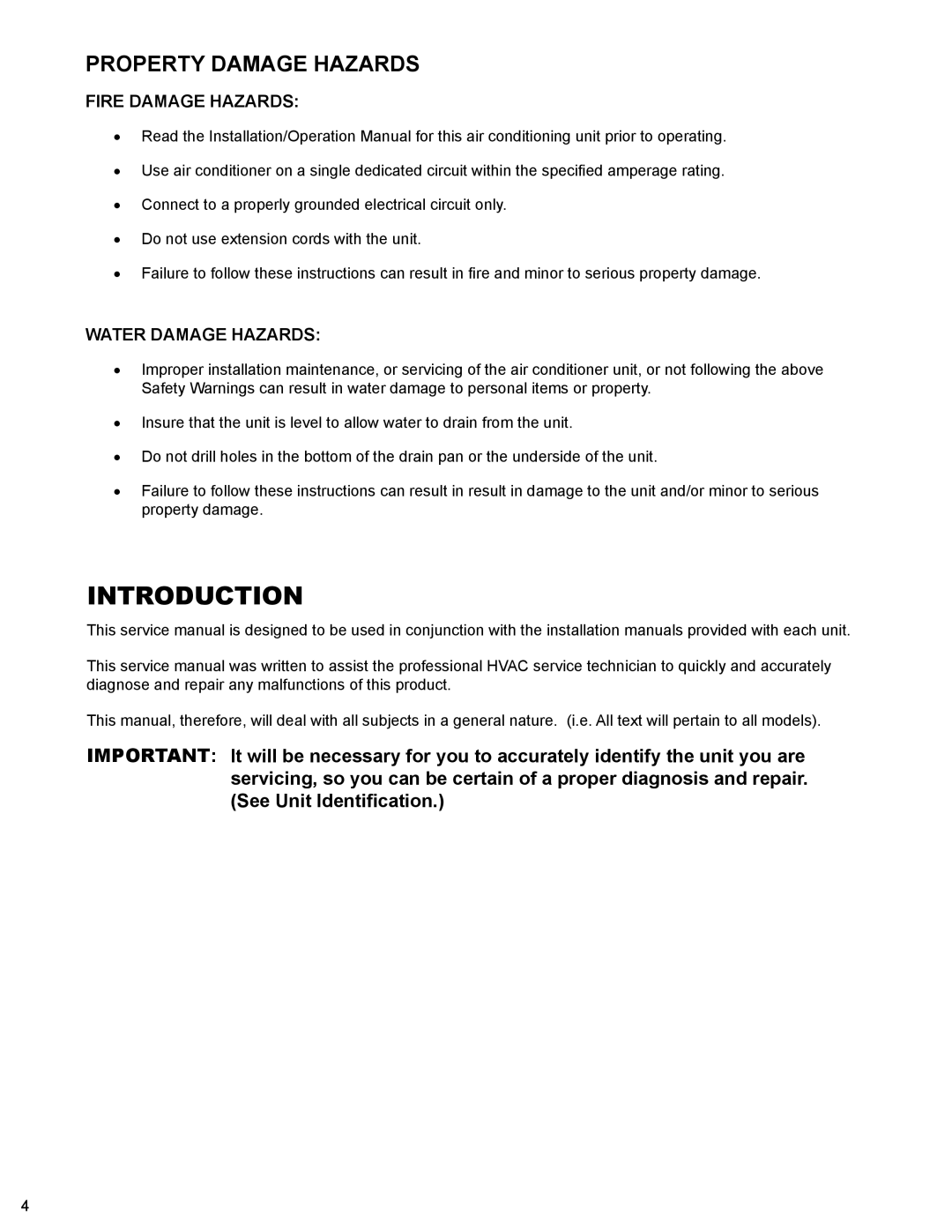 Friedrich R410A manual Introduction, Property Damage Hazards 