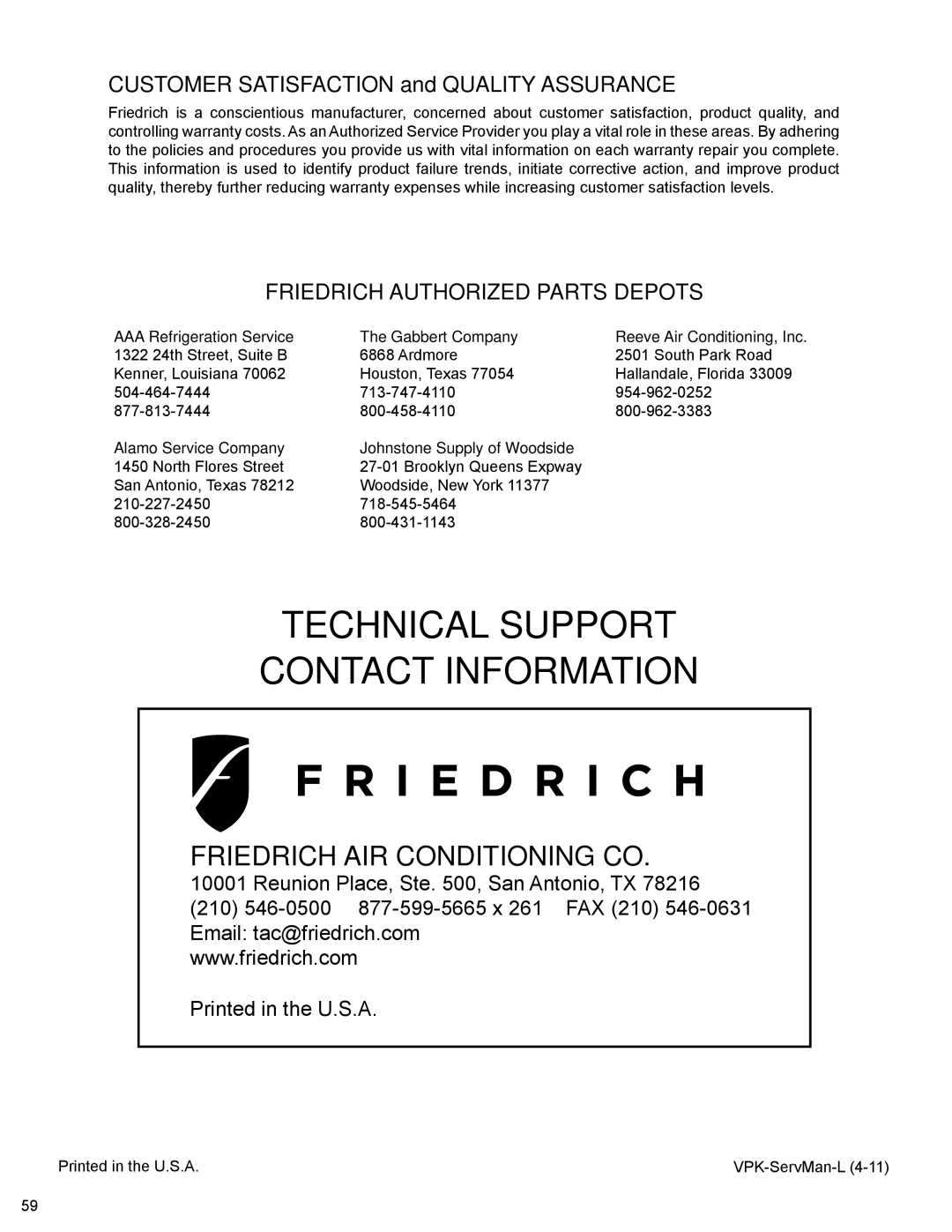 Friedrich R410A manual Technical Support Contact Information 