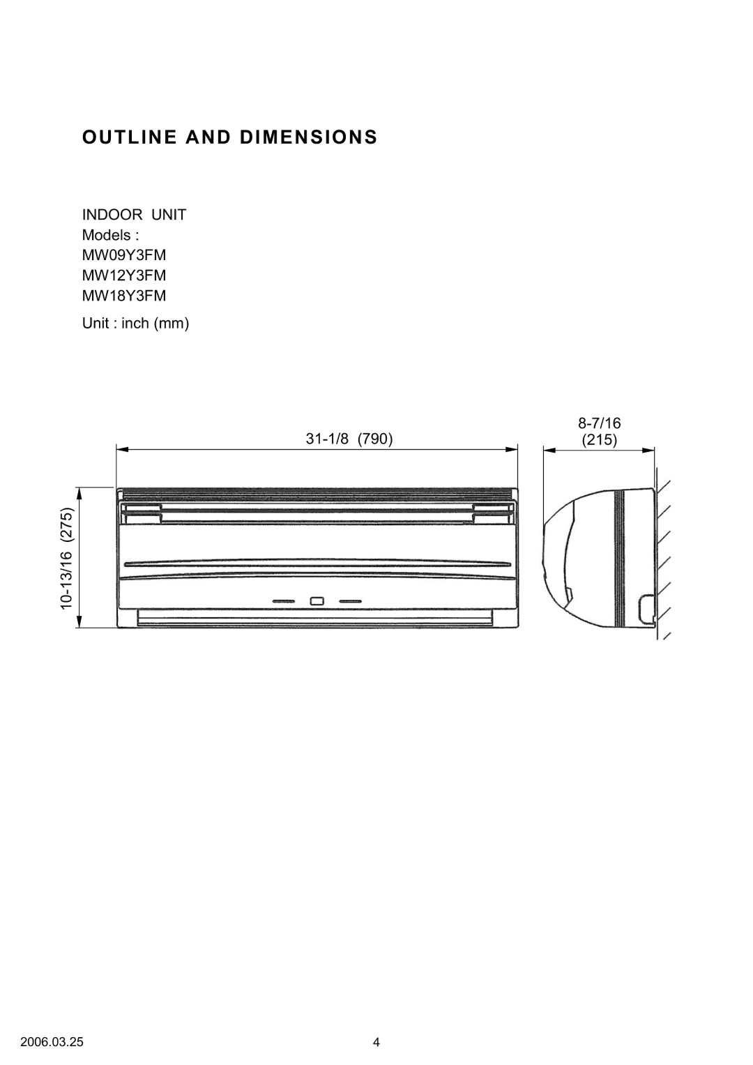 Friedrich R410A specifications Outline and Dimensions 