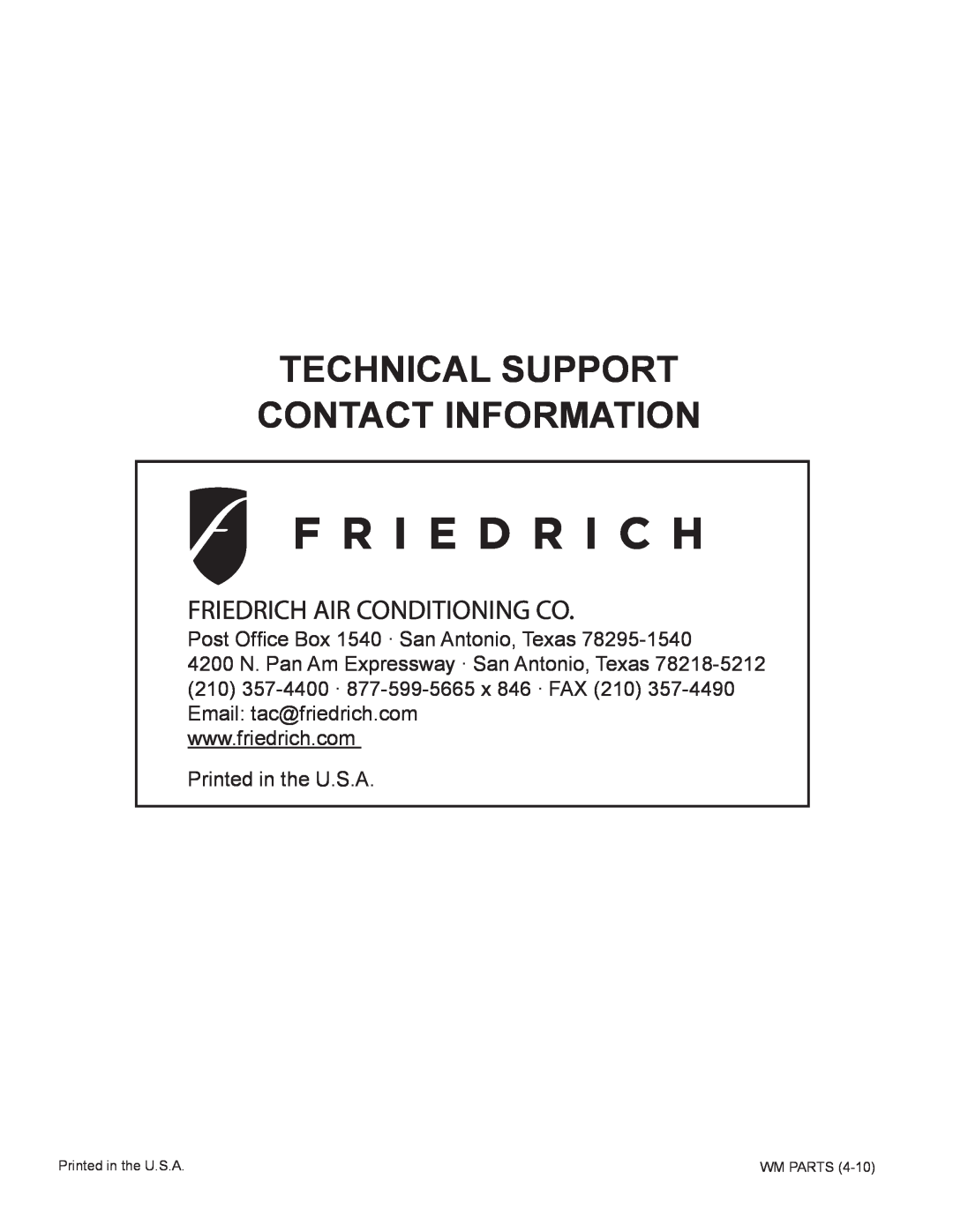 Friedrich R410A manual Technical Support Contact Information, Friedrich Air Conditioning Co, Wm Parts 