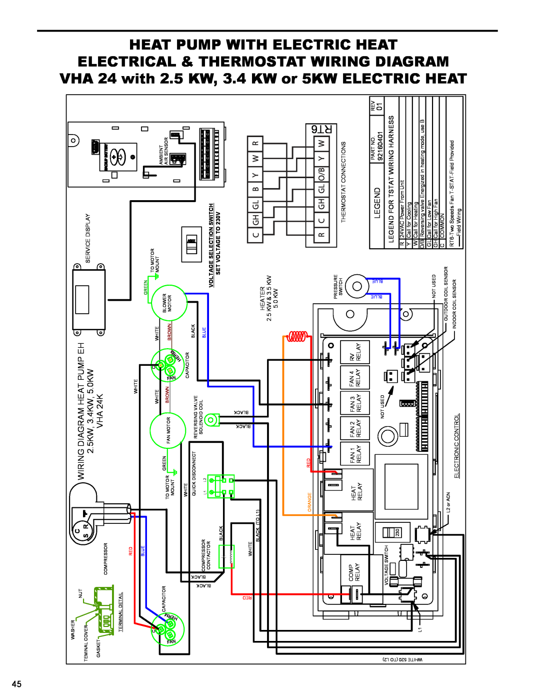Friedrich R410A manual Wiring Diagram Heat Pump Eh, 2.5KW, 3.4KW, 5.0KW, VHA 24K, 92160401, Legend For Tstat Wiring Harness 