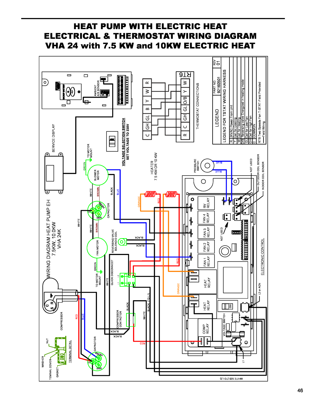 Friedrich R410A manual Wiring Diagram Heat Pump Eh, 7.5KW, 10.0KW, VHA 24K, 92160501, Legend For Tstat Wiring Harness 