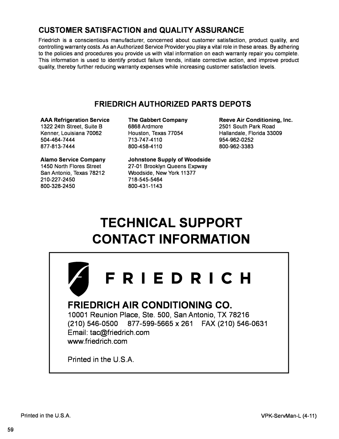 Friedrich R410A manual CUSTOMER SATISFACTION and QUALITY ASSURANCE, Friedrich Authorized Parts Depots 
