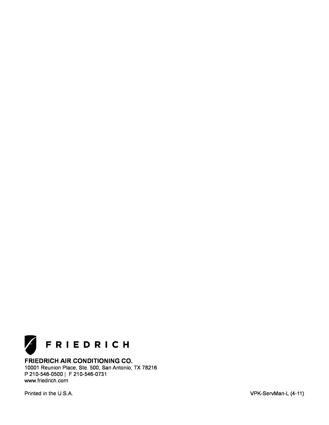 Friedrich R410A manual Friedrich Air Conditioning Co, Printed in the U.S.A, VPK-ServMan-L 