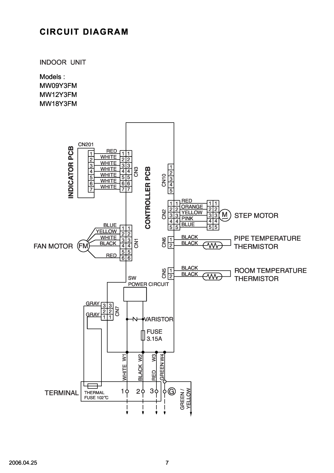 Friedrich R410A Circuit Diagram, Models MW09Y3FM MW12Y3FM MW18Y3FM, Fan Motor Fm, M Step Motor, Thermistor, Varistor 