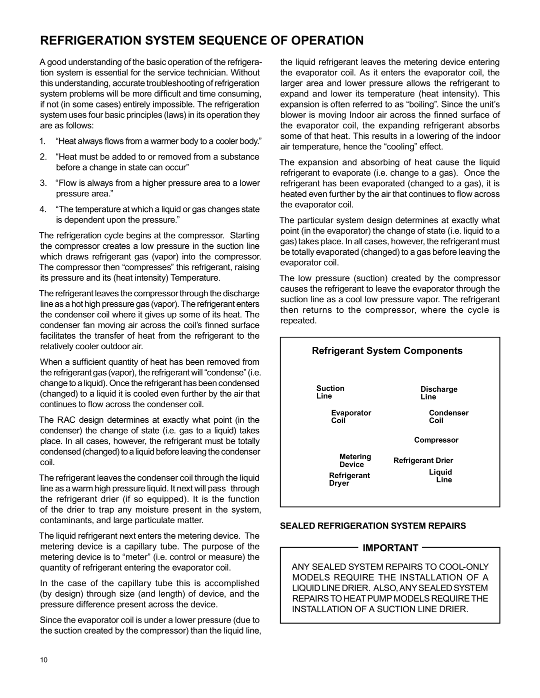 Friedrich RAC-SVC-06 service manual Refrigeration System Sequence of Operation, Sealed Refrigeration System Repairs 