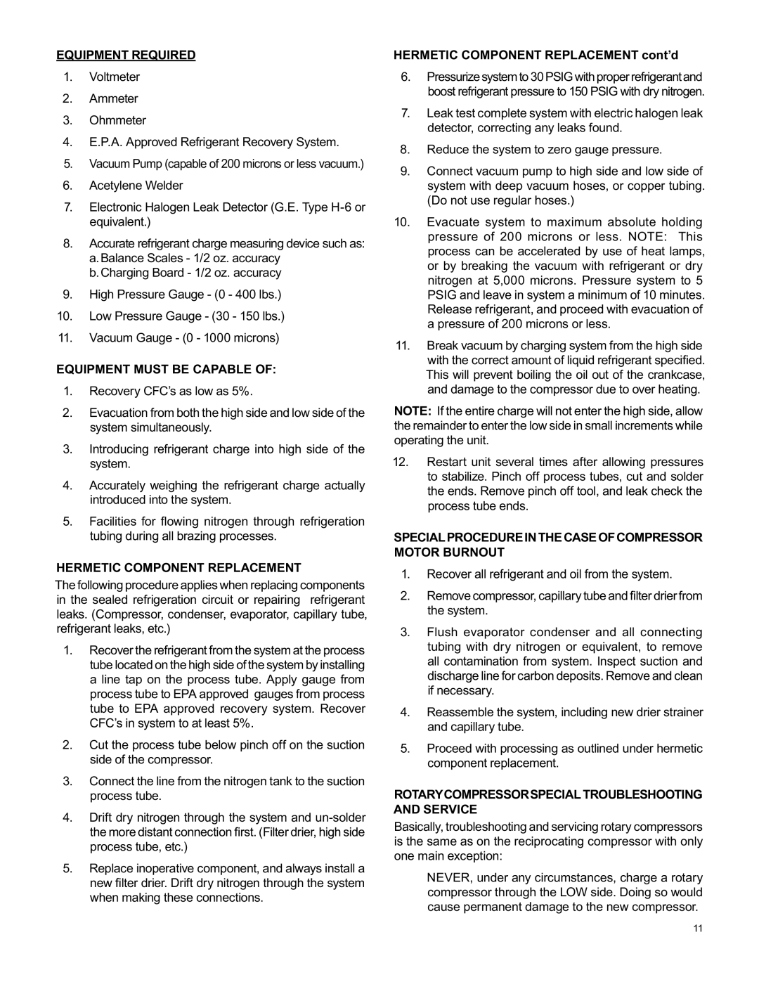 Friedrich RAC-SVC-06 service manual Equipment Required, Equipment Must be Capable, Hermetic Component Replacement 