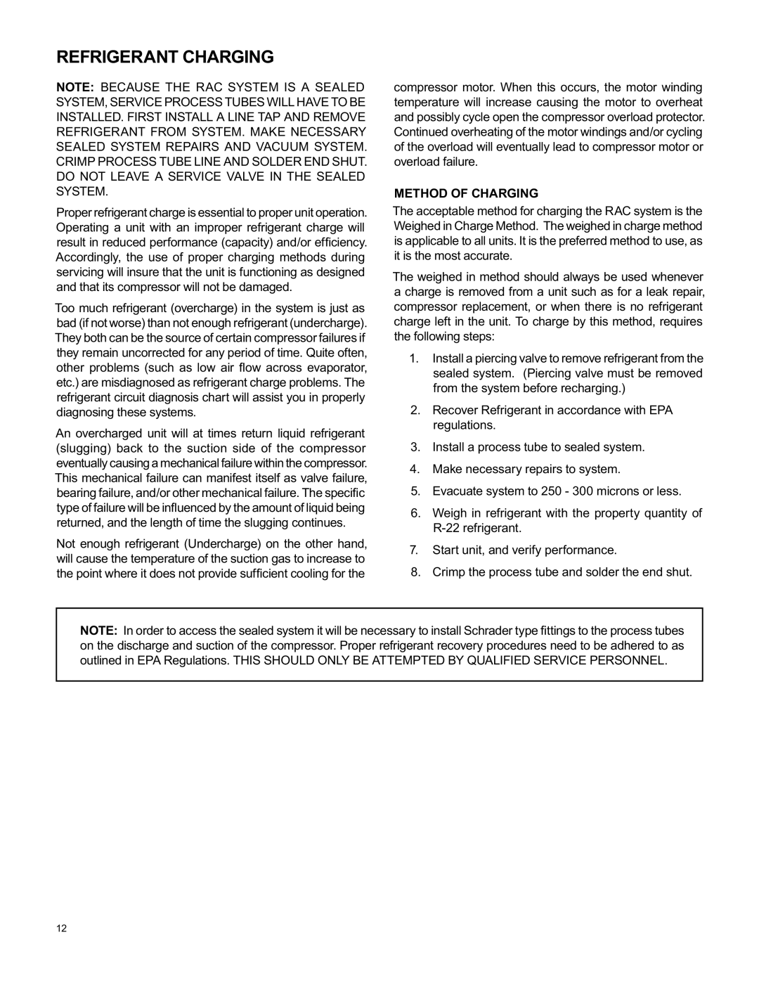 Friedrich RAC-SVC-06 service manual Refrigerant Charging, Method of Charging 