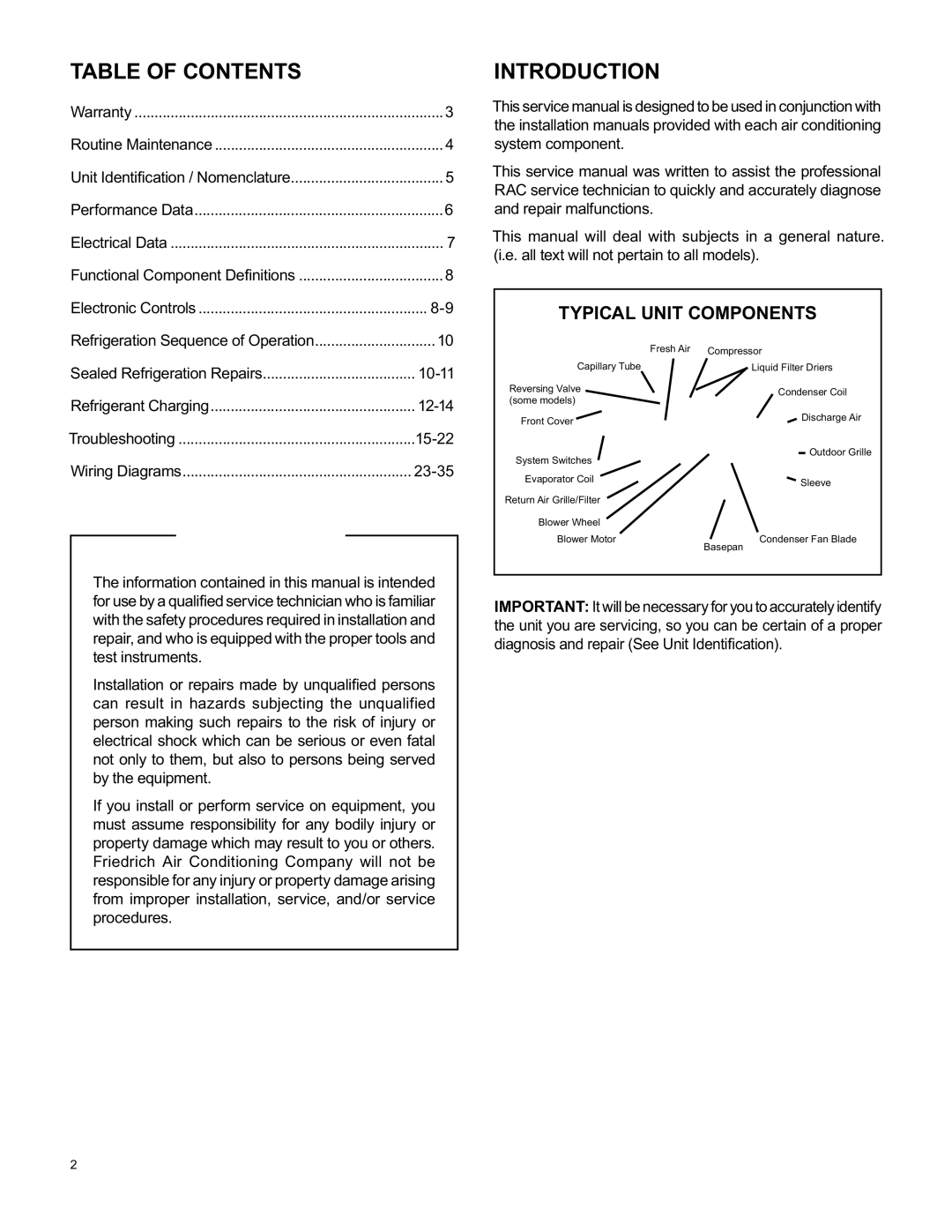 Friedrich RAC-SVC-06 service manual Table of Contents, Introduction 