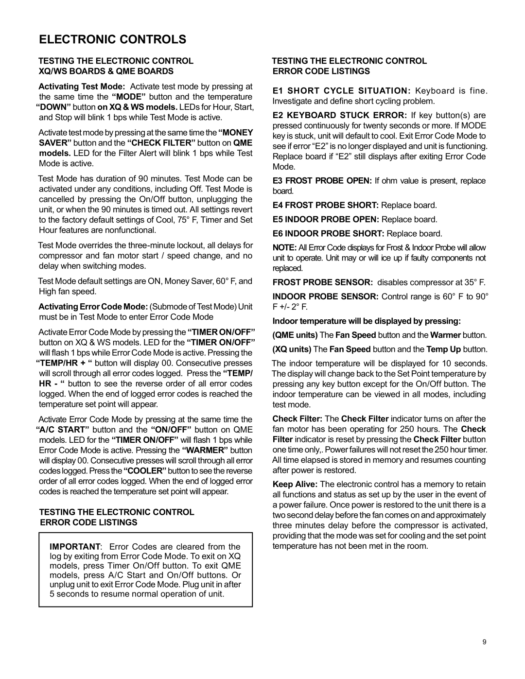 Friedrich RAC-SVC-06 service manual Testing the Electronic Control XQ/WS Boards & QME Boards 