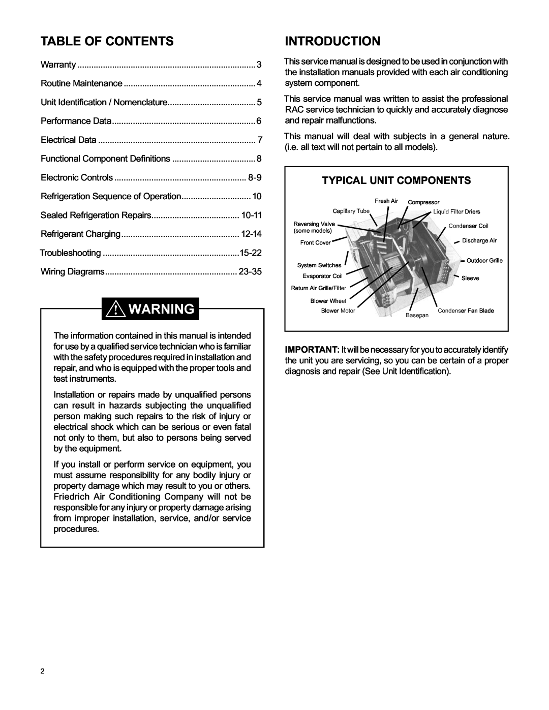 Friedrich RAC-SVC-06 service manual Table Of Contents, Introduction, Typical Unit Components 