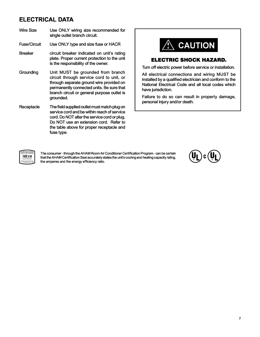 Friedrich RAC-SVC-06 service manual Electrical Data, Electric Shock Hazard 