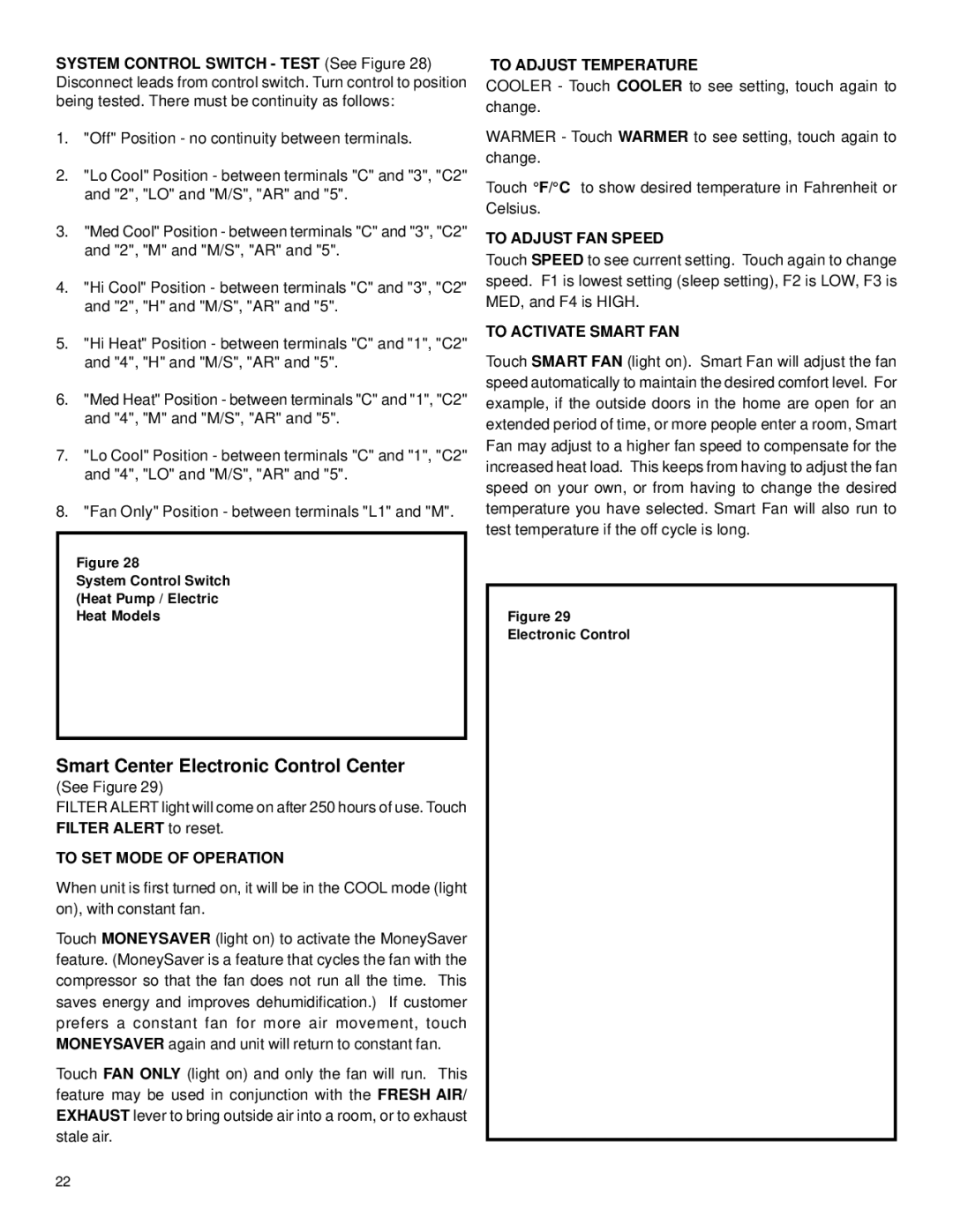 Friedrich racservmn service manual Smart Center Electronic Control Center, To SET Mode of Operation, To Adjust Temperature 