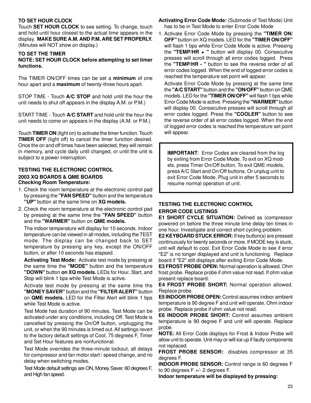 Friedrich racservmn service manual To SET Hour Clock, To SET the Timer, Testing the Electronic Control 