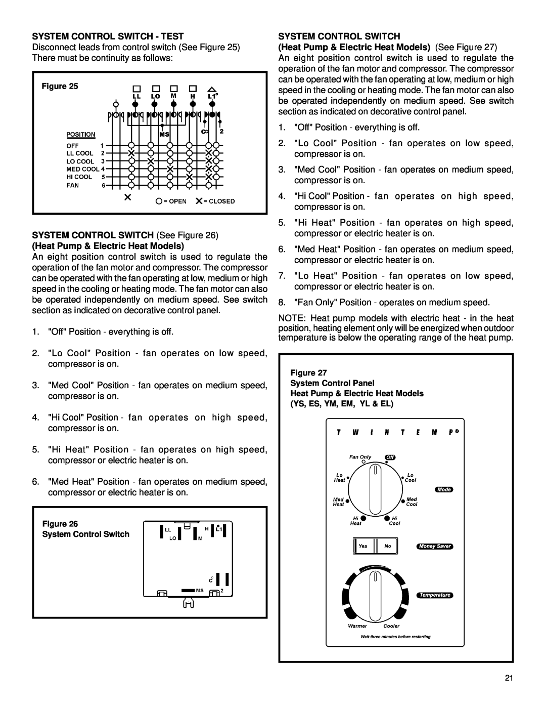 Friedrich racservmn System Control Switch - Test, SYSTEM CONTROL SWITCH See Figure, Heat Pump & Electric Heat Models 