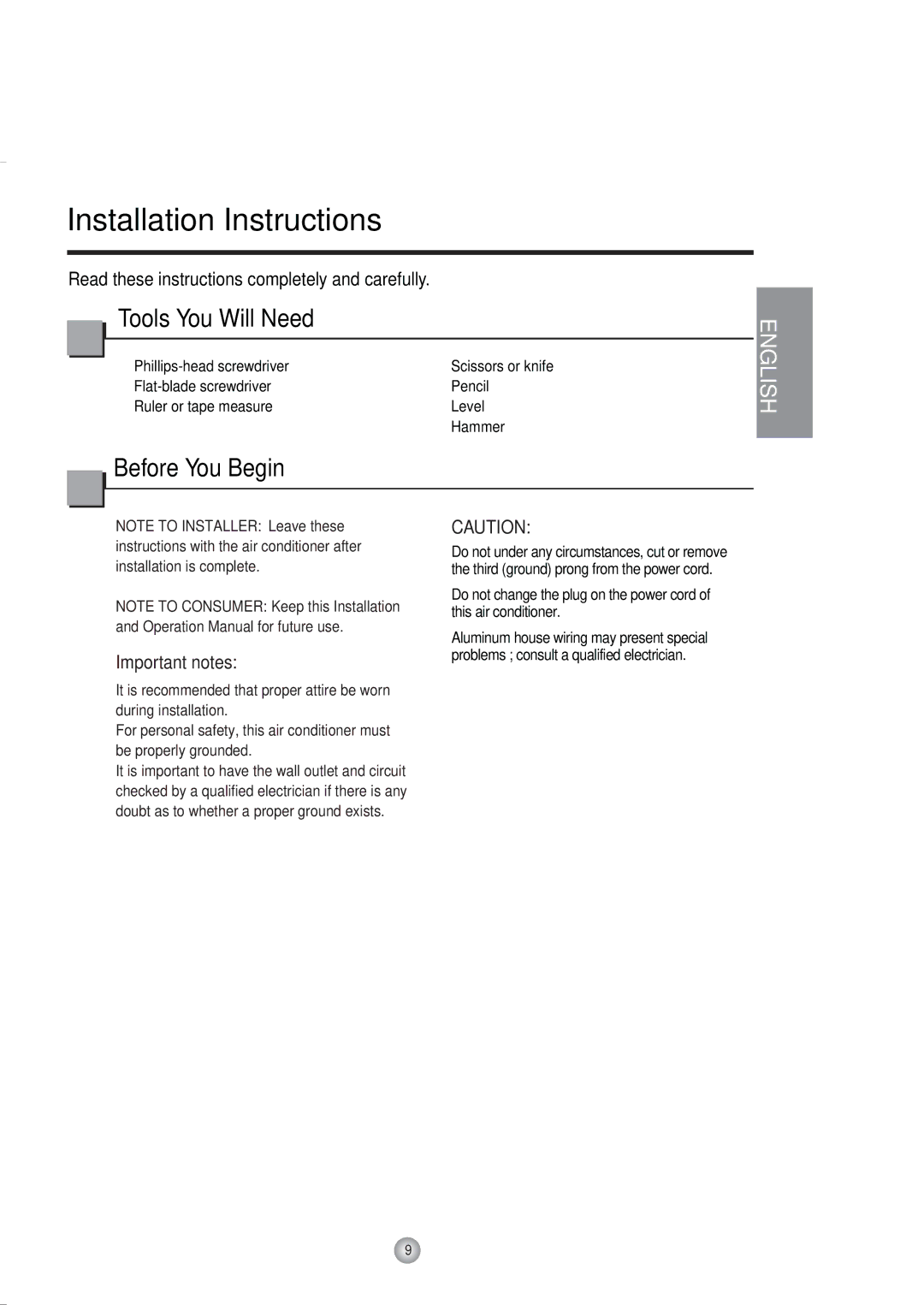 Friedrich Room Air Conditioner manual Installation Instructions 