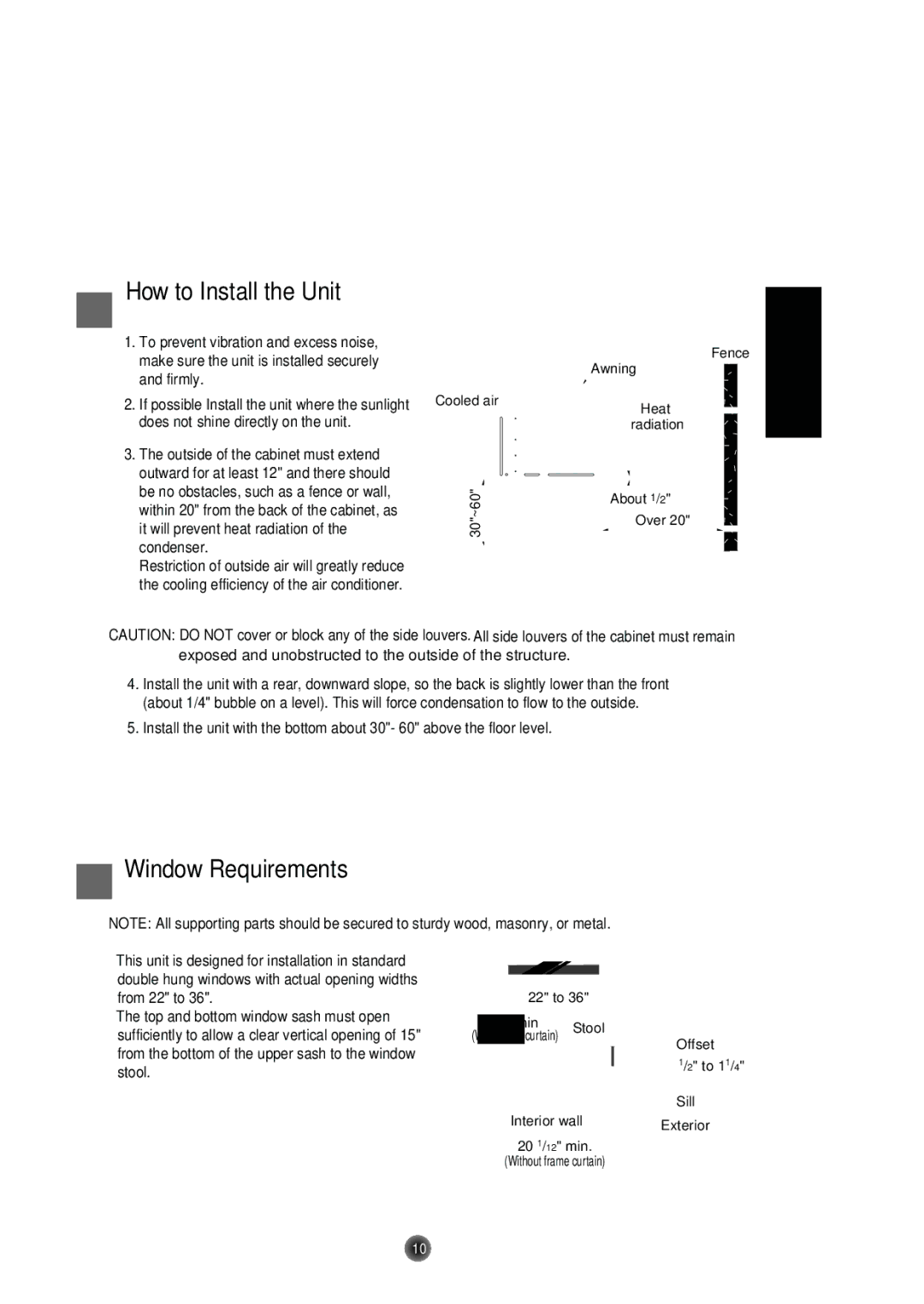 Friedrich Room Air Conditioner manual How to Install the Unit, Window Requirements 