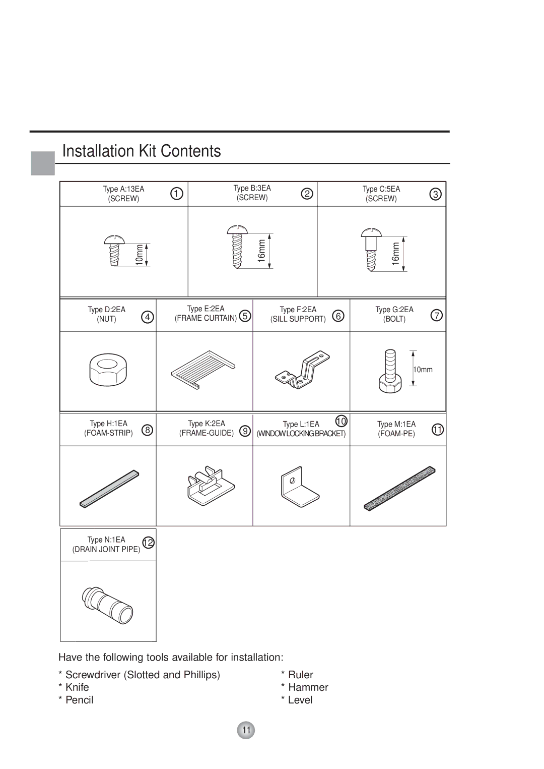 Friedrich Room Air Conditioner manual Installation Kit Contents 