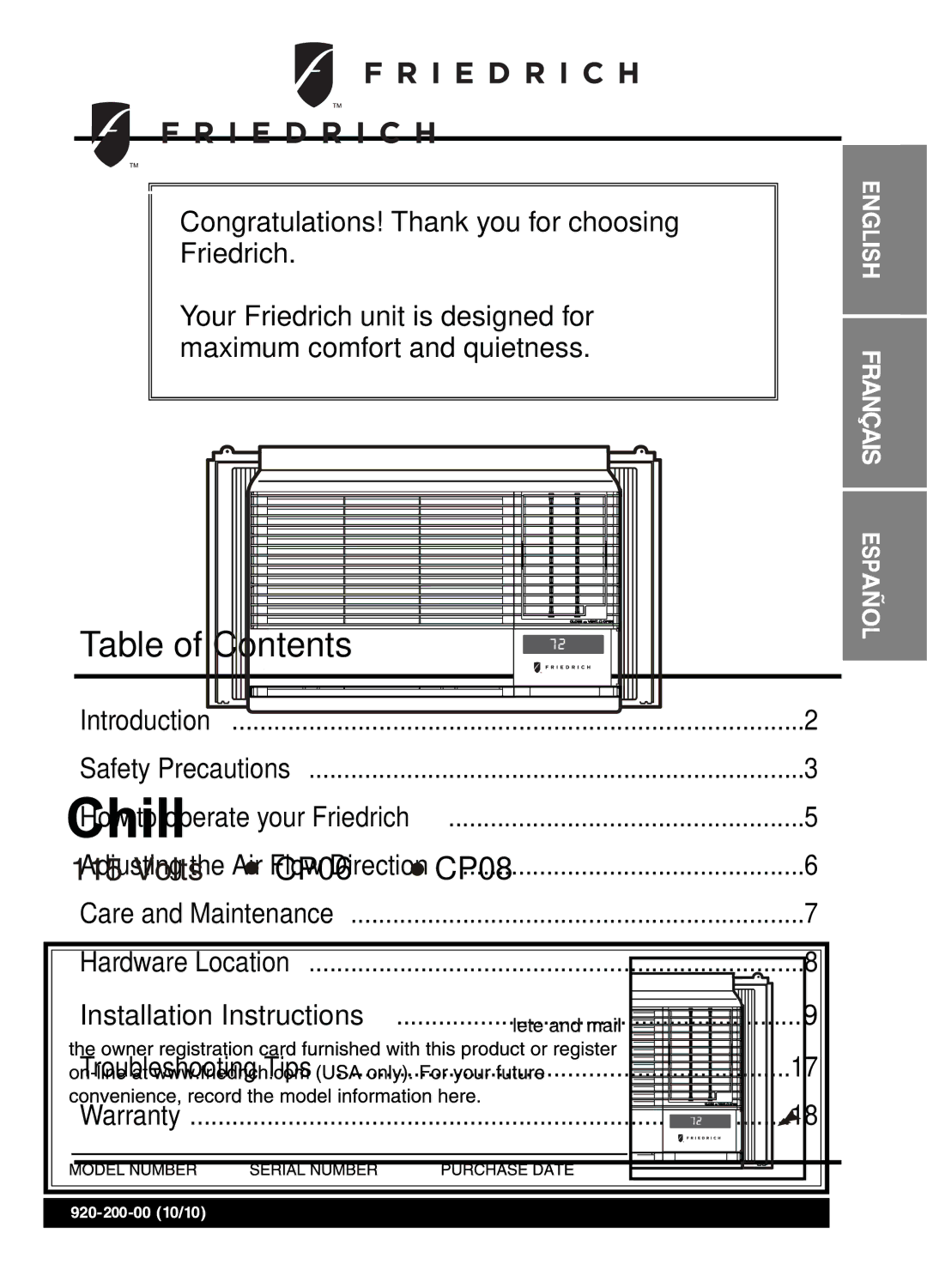 Friedrich Room Air Conditioner manual Table of Contents 