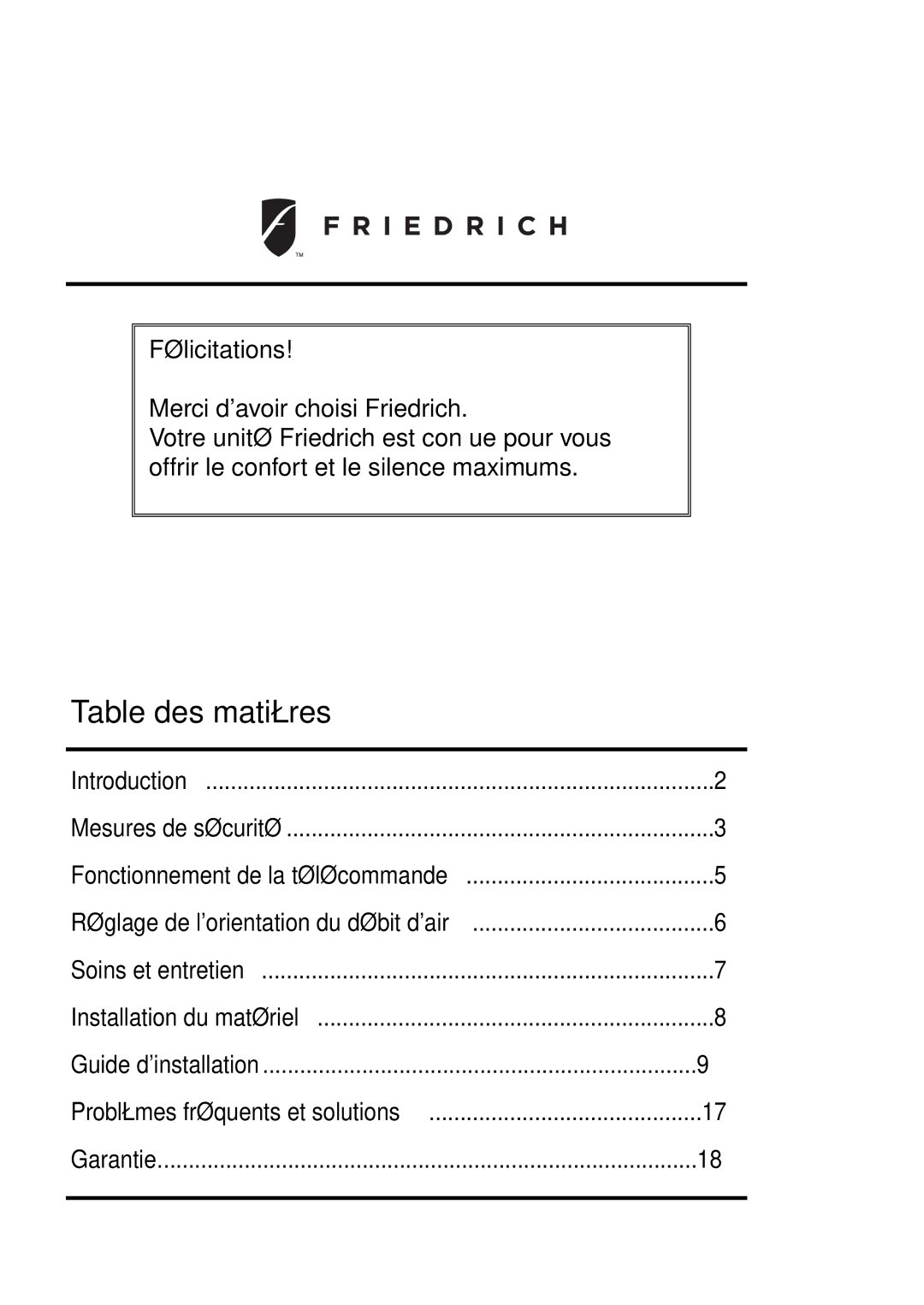 Friedrich Room Air Conditioner manual Table des matières 