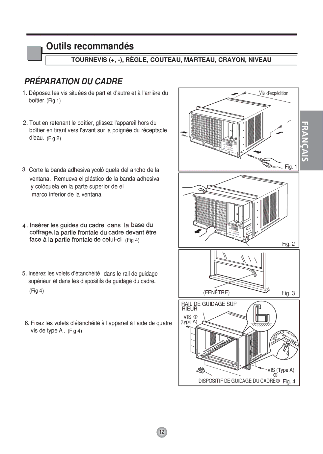 Friedrich Room Air Conditioner manual Outils recommandés, Préparation DU Cadre 