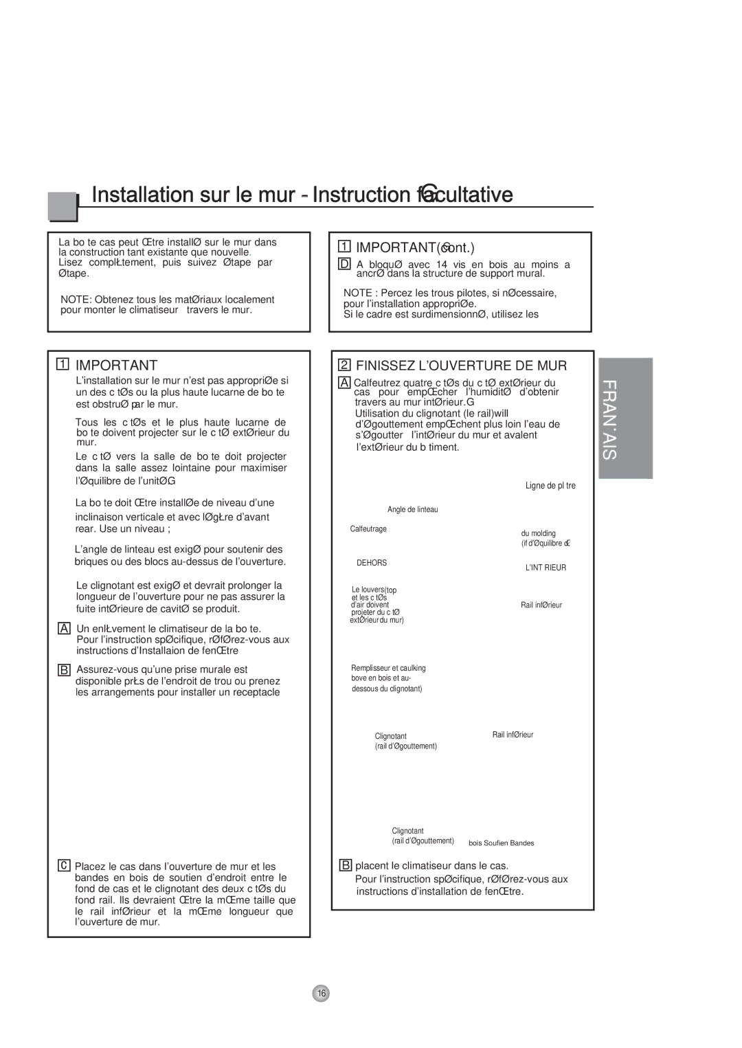 Friedrich Room Air Conditioner manual Install ation sur l e mur Instruction Gfacultative 