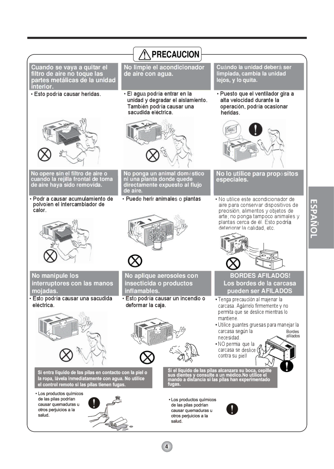 Friedrich Room Air Conditioner manual No manipule los interruptores con las manos mojadas 