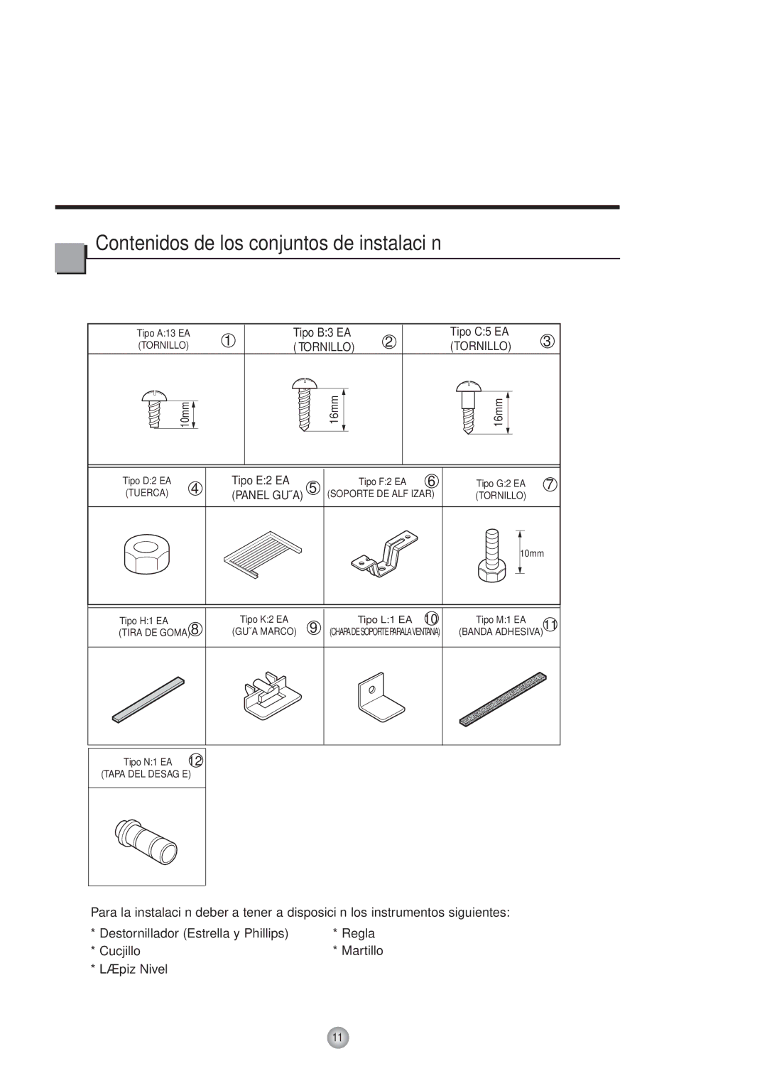 Friedrich Room Air Conditioner manual Contenidos de los conjuntos de instalación 