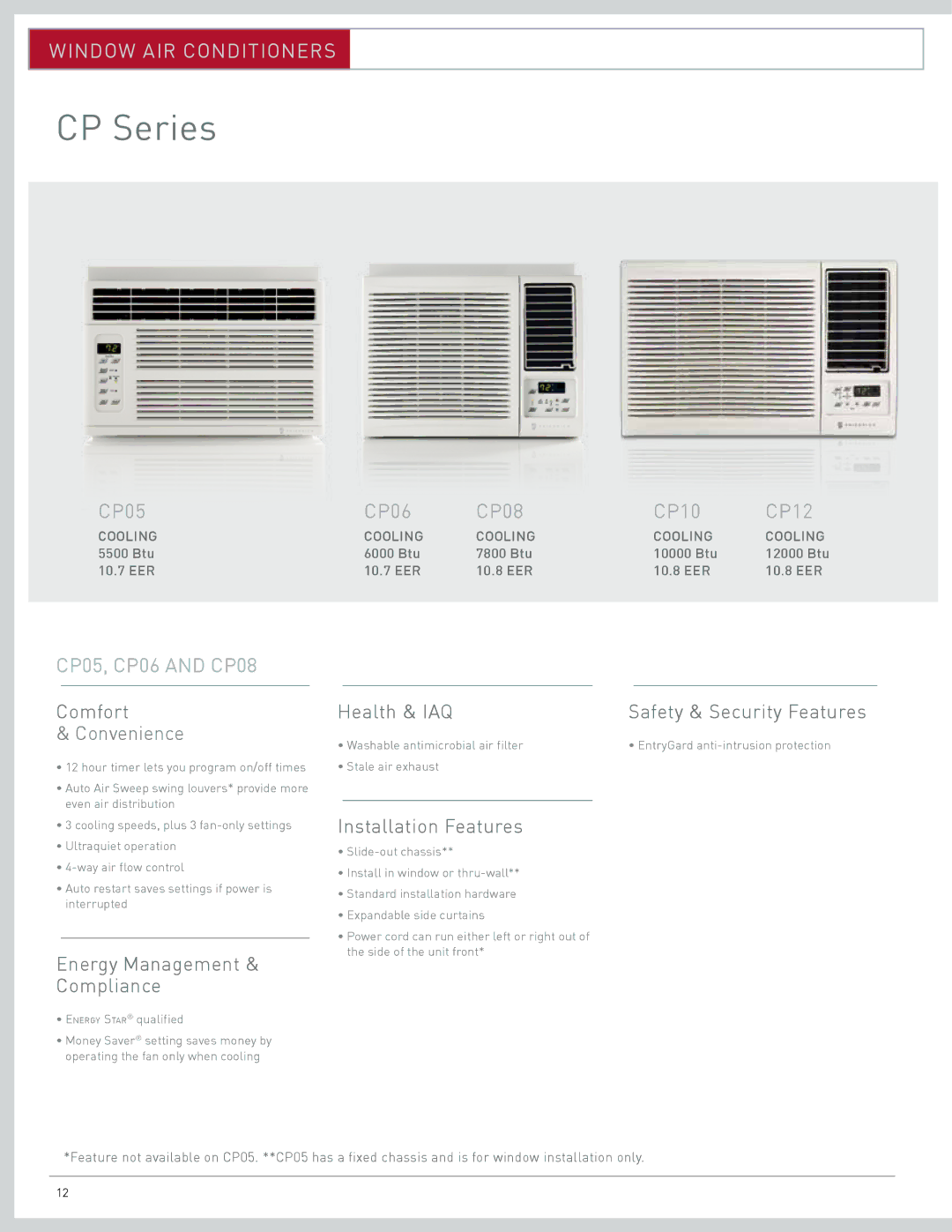 Friedrich Room Air Conditioners, CP06 CP Series, Energy Management & Compliance, Health & IAQ Safety & Security Features 