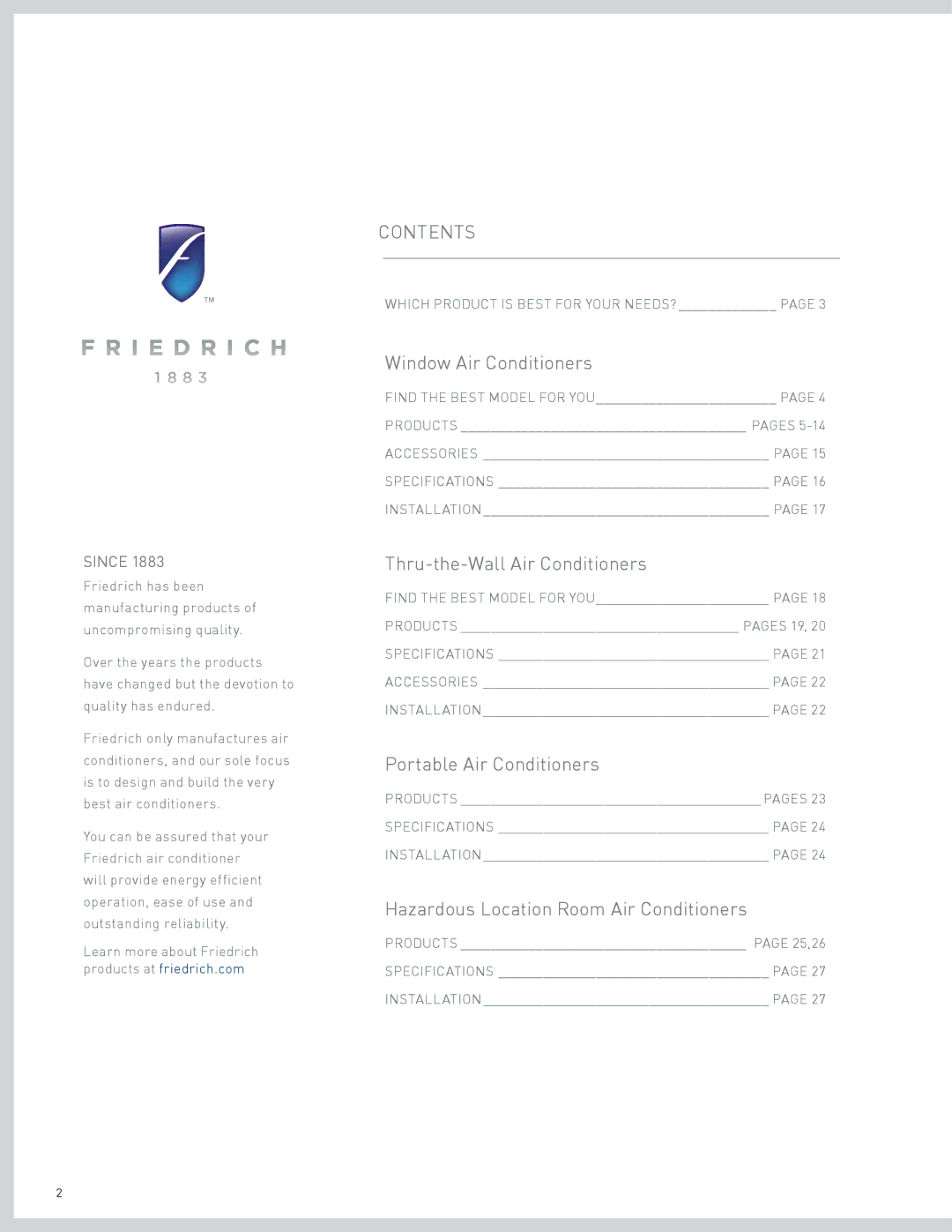 Friedrich CP15, Room Air Conditioners, CP06, CP18, CP24, CP08 manual Contents 