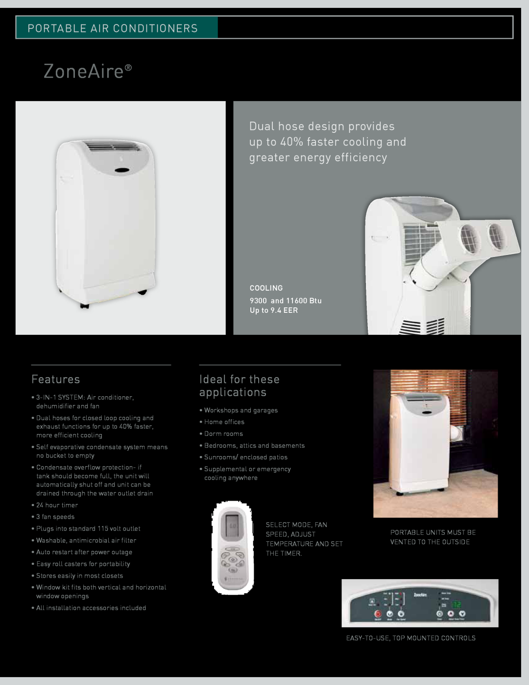 Friedrich CP08, Room Air Conditioners, CP06 ZoneAire, Features, Ideal for these applications, Portable Air Conditioners 