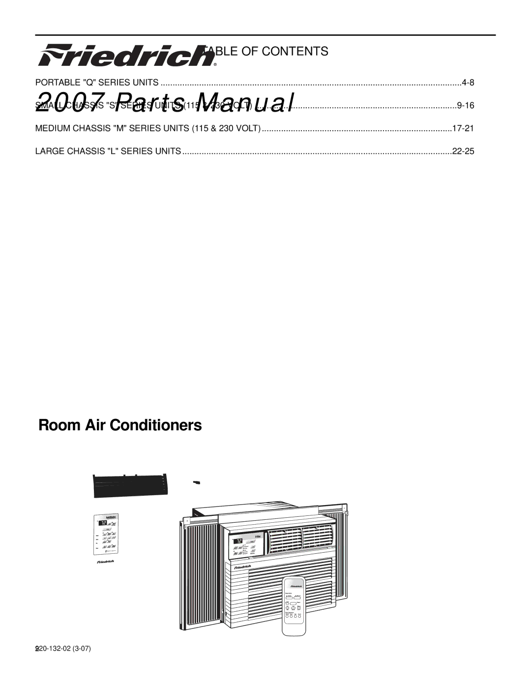 Friedrich Room Air Conditioners manual Table of Contents 