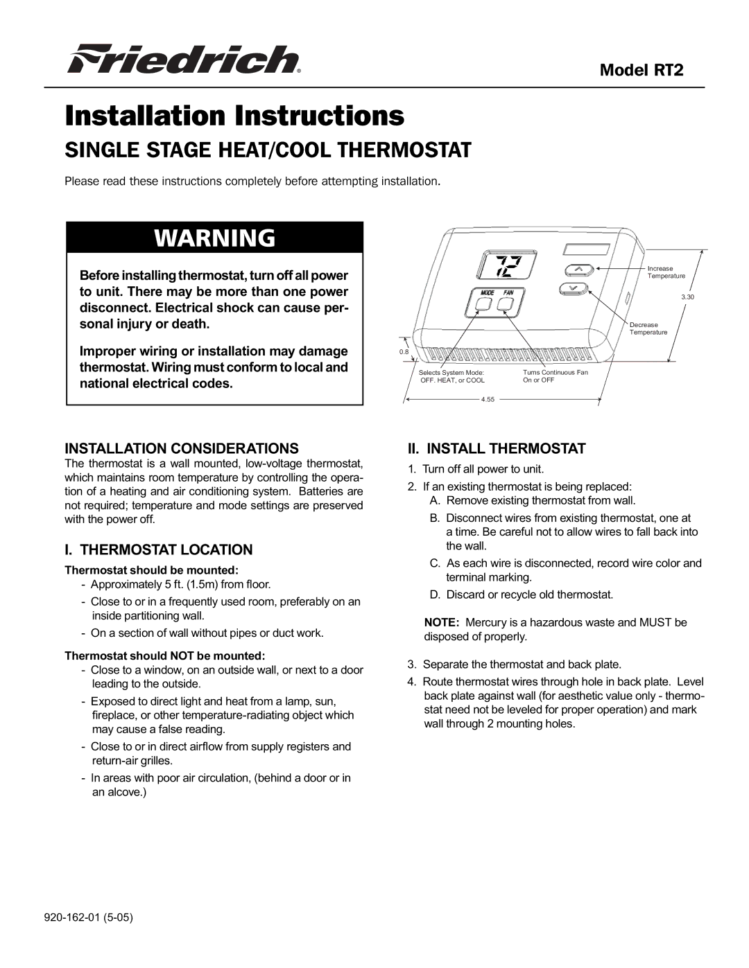 Friedrich RT2 installation instructions Installation Considerations, Thermostat Location, II. Install Thermostat 