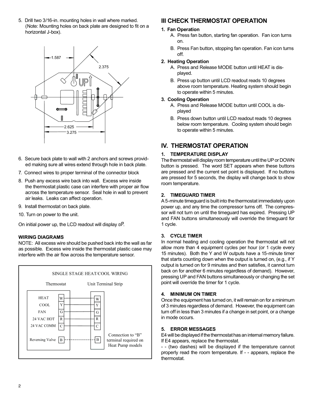 Friedrich RT2 installation instructions III Check Thermostat Operation, IV. Thermostat Operation 