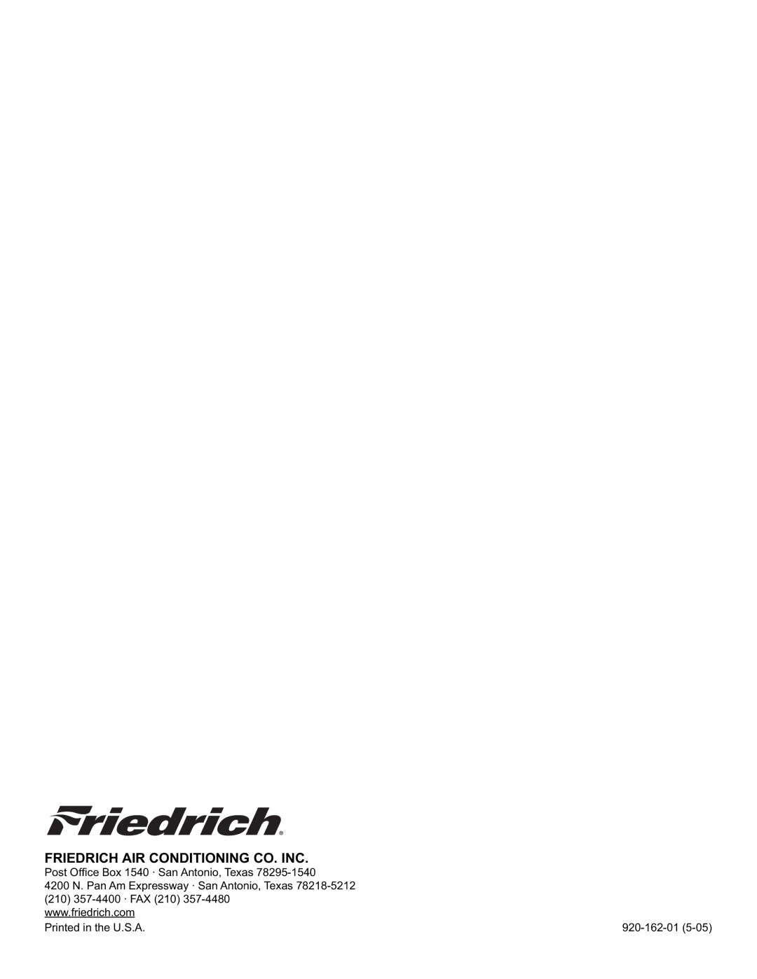 Friedrich RT2 installation instructions Friedrich AIR Conditioning CO. INC 