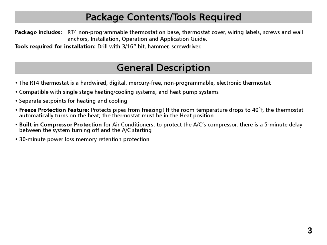 Friedrich RT4 manual Package Contents/Tools Required, General Description 