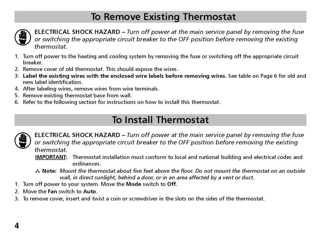 Friedrich RT4 manual To Remove Existing Thermostat, To Install Thermostat 