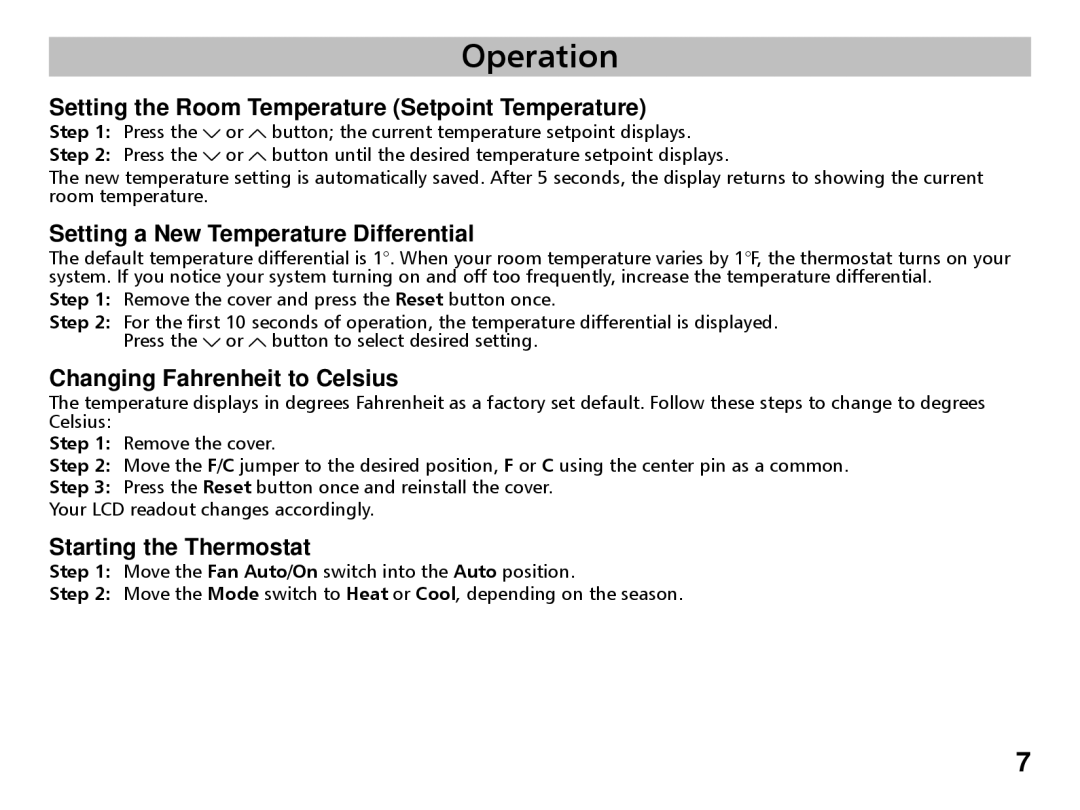 Friedrich RT4 manual Operation, Setting the Room Temperature Setpoint Temperature, Setting a New Temperature Differential 