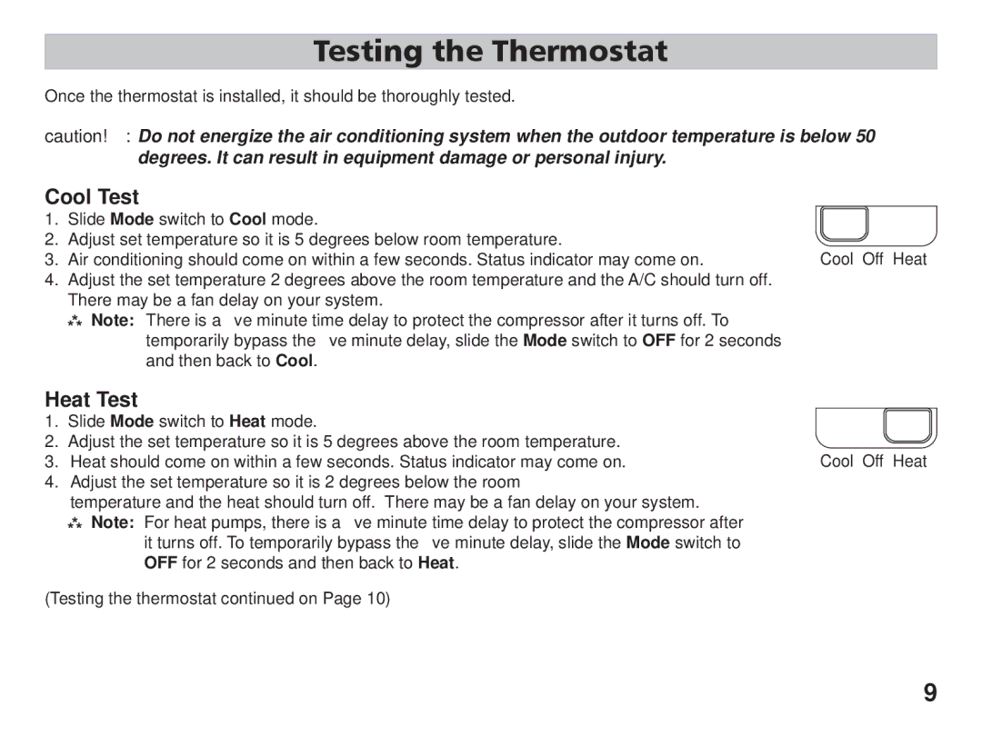 Friedrich RT5 manual Testing the Thermostat, Cool Test, Heat Test 