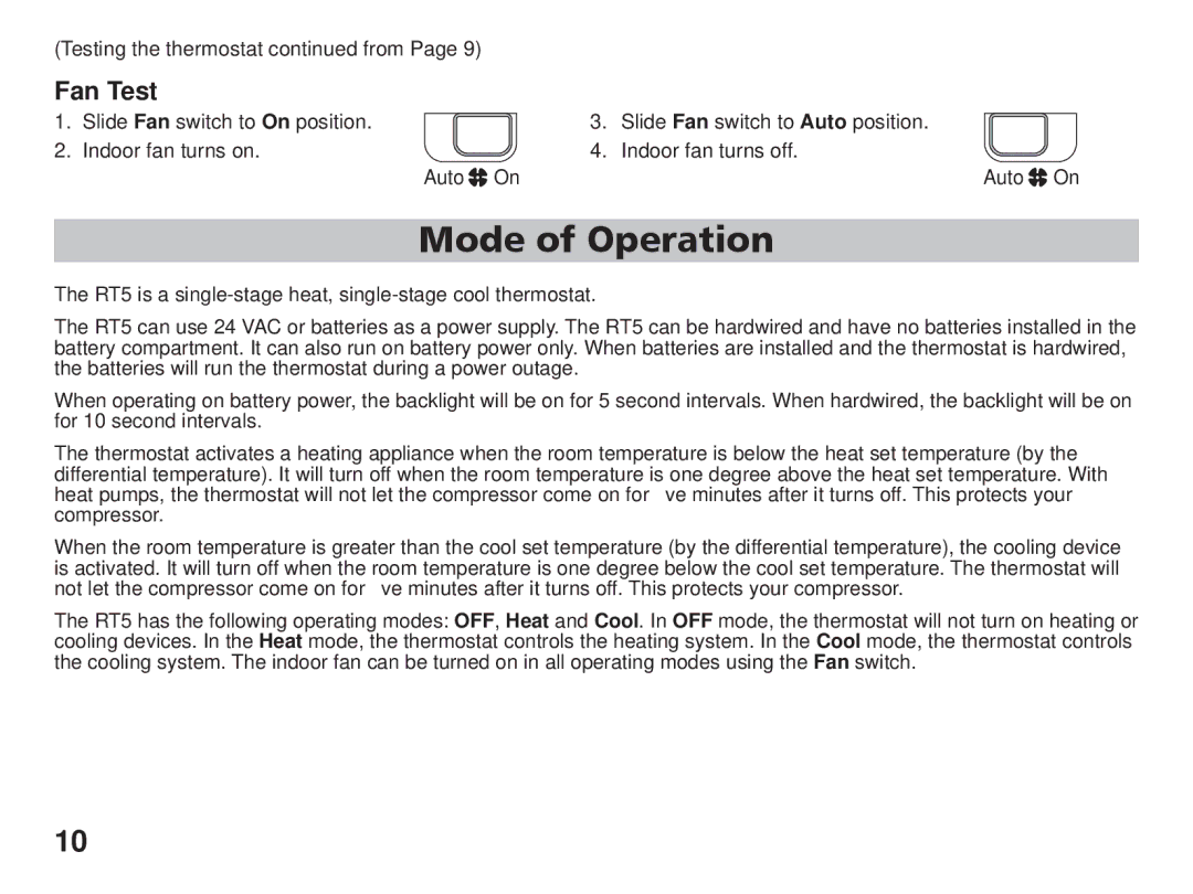 Friedrich RT5 manual Mode of Operation, Fan Test 