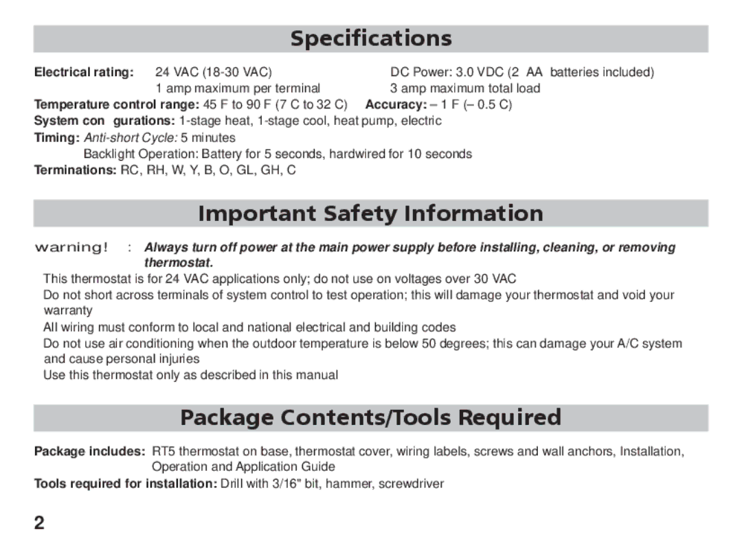 Friedrich RT5 manual Specifications, Important Safety Information, Package Contents/Tools Required 