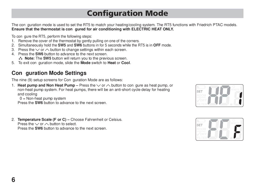 Friedrich RT5 manual Configuration Mode, Conﬁguration Mode Settings 