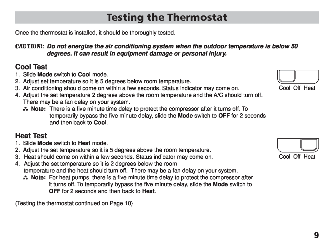 Friedrich RT5 manual Testing the Thermostat, Cool Test, Heat Test 