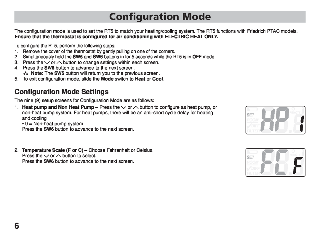Friedrich RT5 manual Configuration Mode, Conﬁguration Mode Settings 