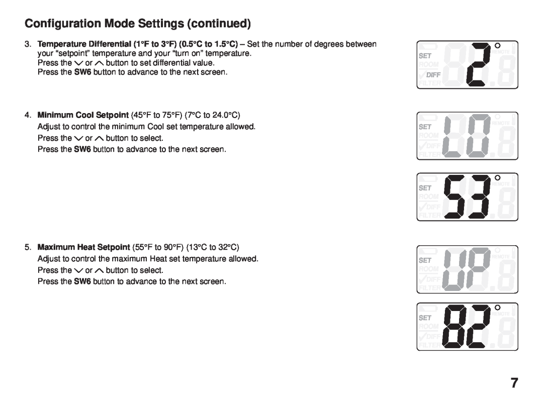 Friedrich RT5 manual Conﬁguration Mode Settings continued, Remote Remote Remote Remote Remote 