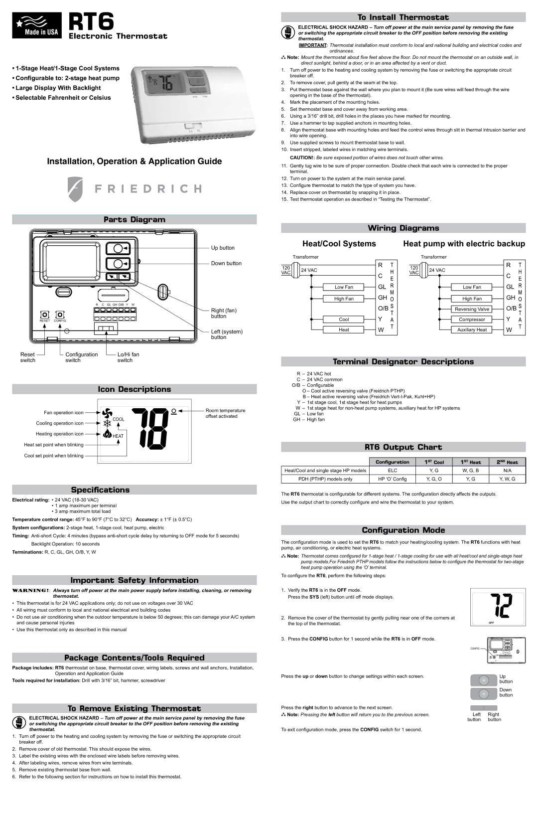 Friedrich RT6 specifications Electronic Thermostat, Parts Diagram To Install Thermostat, Wiring Diagrams, Specifications 