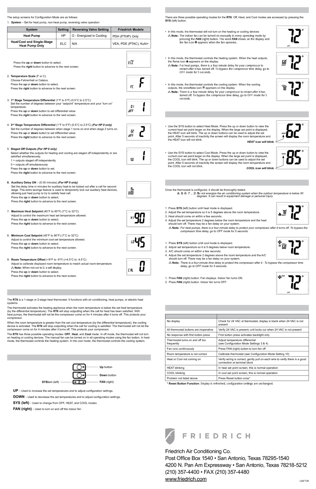 Friedrich RT6 Configuration Mode Settings, Mode of Operation, Button Functions, Operating Modes, Set Point Adjustment 