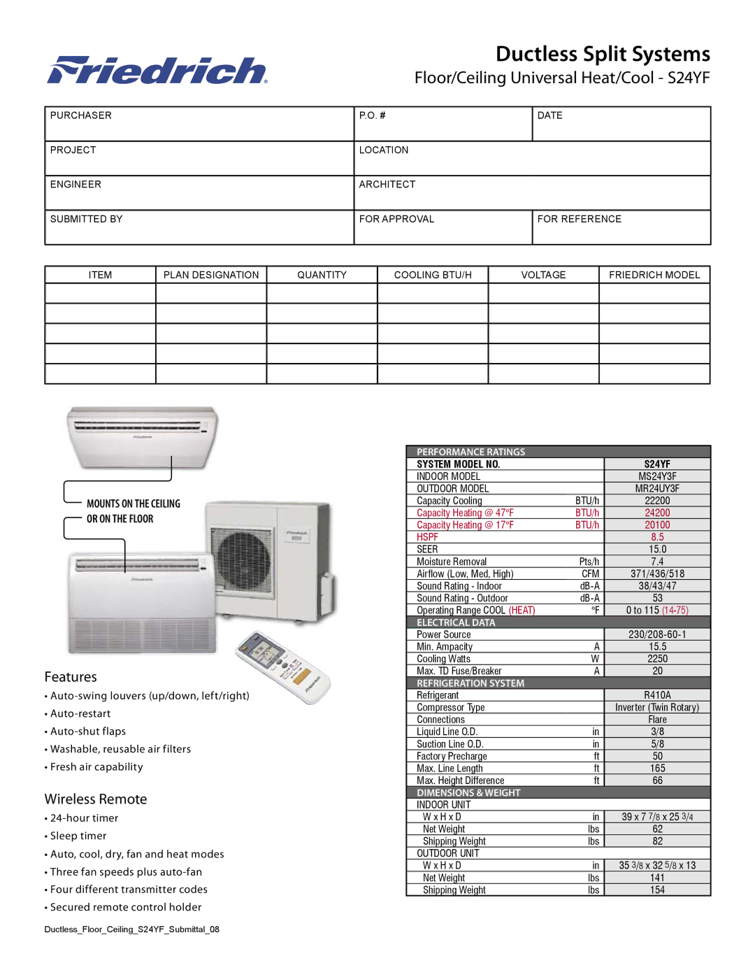 Friedrich S24YF dimensions Features, Wireless Remote 