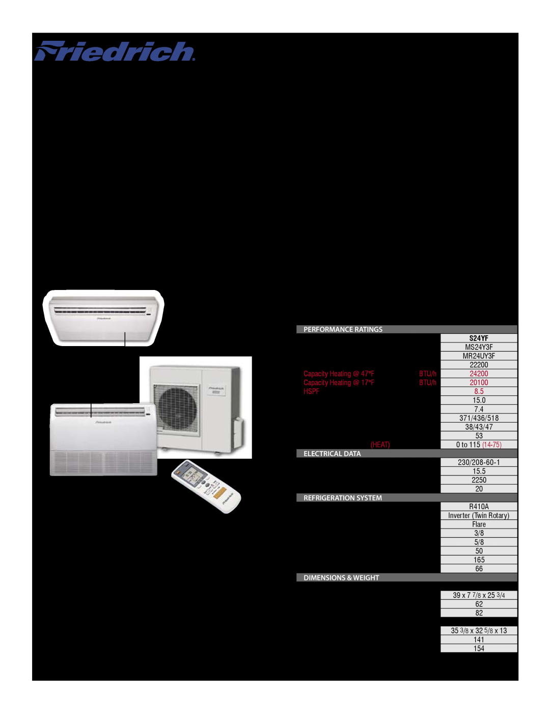 Friedrich dimensions Ductless Split Systems, Floor/Ceiling Universal Heat/Cool - S24YF, Features, Wireless Remote, Hspf 